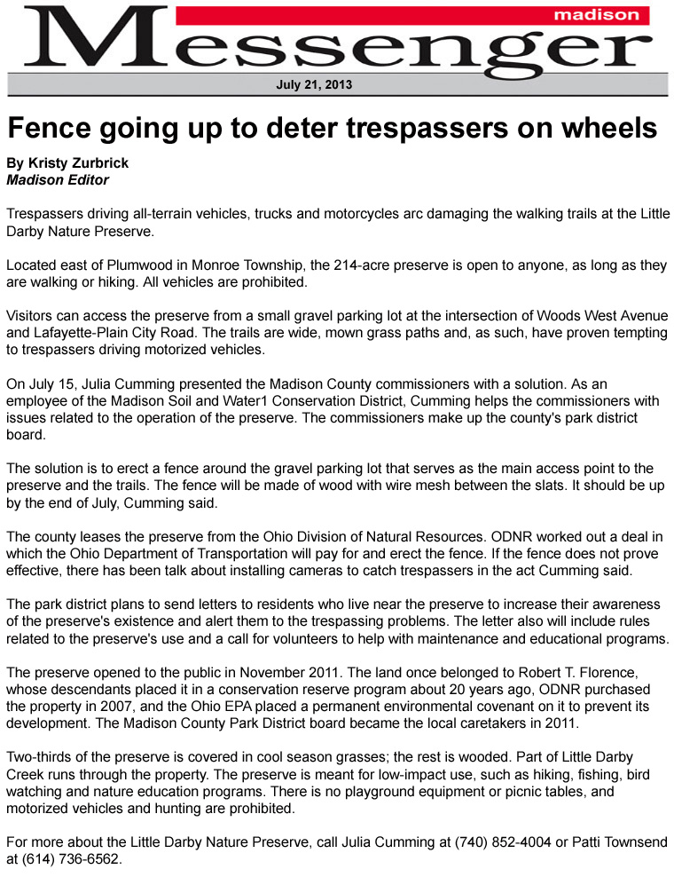 07-21-13 - Madison Messenger article:  Fence going up to deter trespassers on wheels