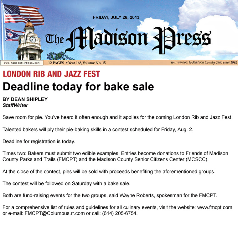 07-26-13 - Madison Press article:  Deadline today for bake sale