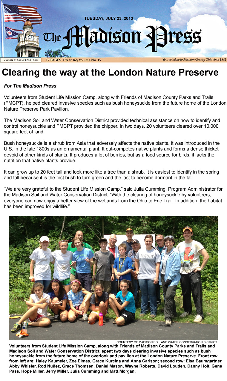 07-23-13 - Madison Press article:  Clearing the way at the London Nature Preserve