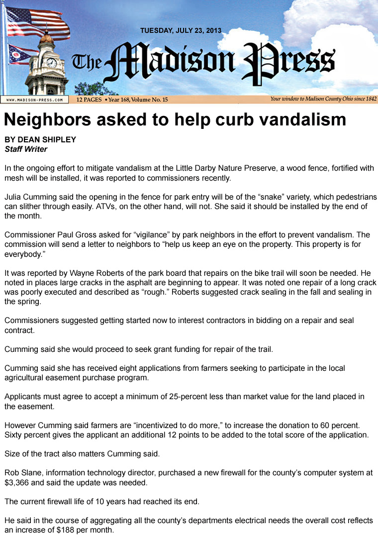 07-23-13 - Madison Press article:  Neighbors asked to help curb vandalism