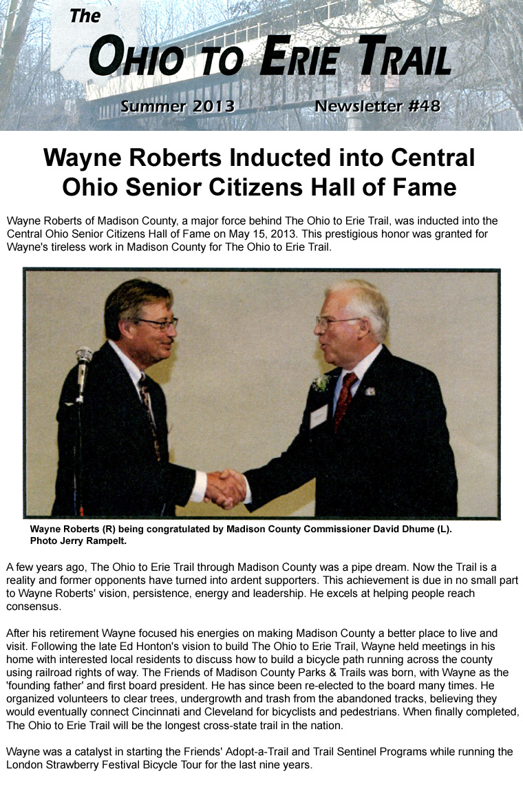 07-24-13 - Ohio to Erie Trail Newsletter: Wayne Roberts Inducted into Central Ohio Senior Citizens Hall of Fame