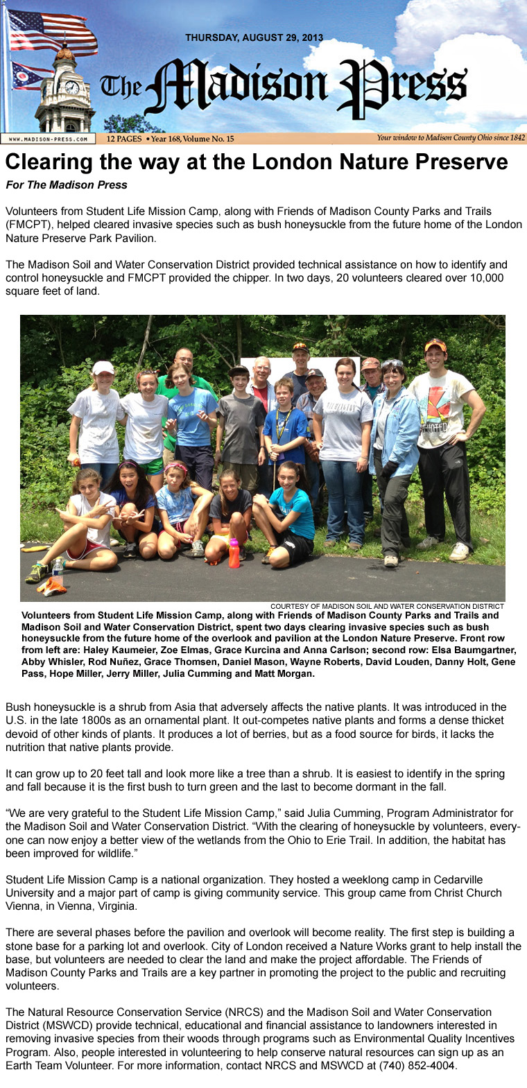 08-29-13 - Madison Press article:  Clearing the way at the London Nature Preserve