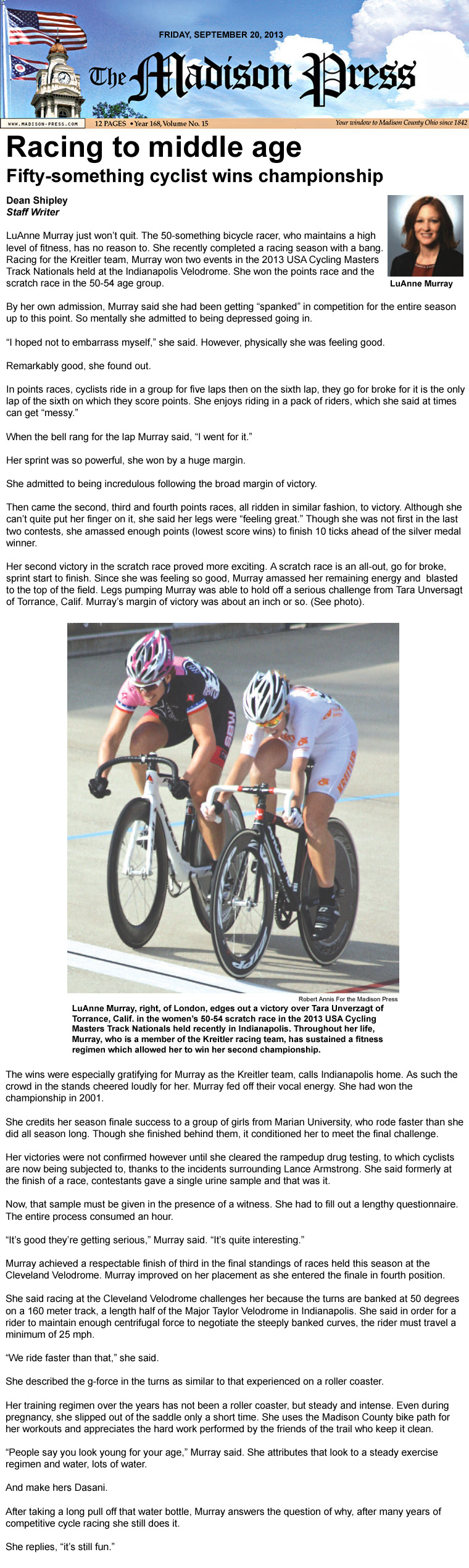 09-20-13 - Madison Press article:  Racing to middle age