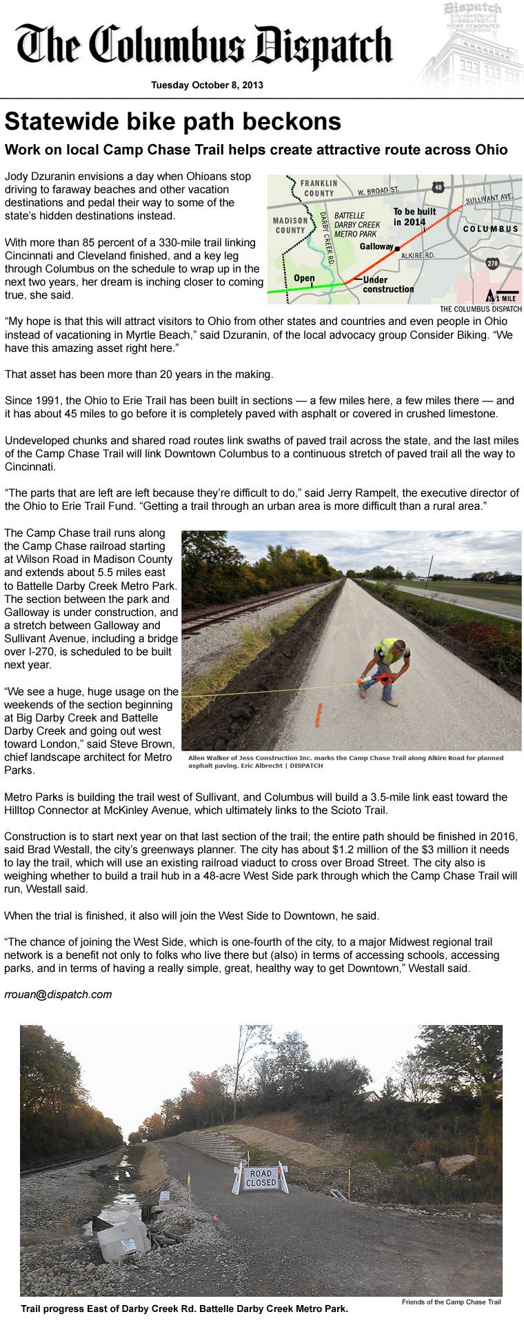 10-08-13 - Columbus Dispatch article: Statewide bike path beckons