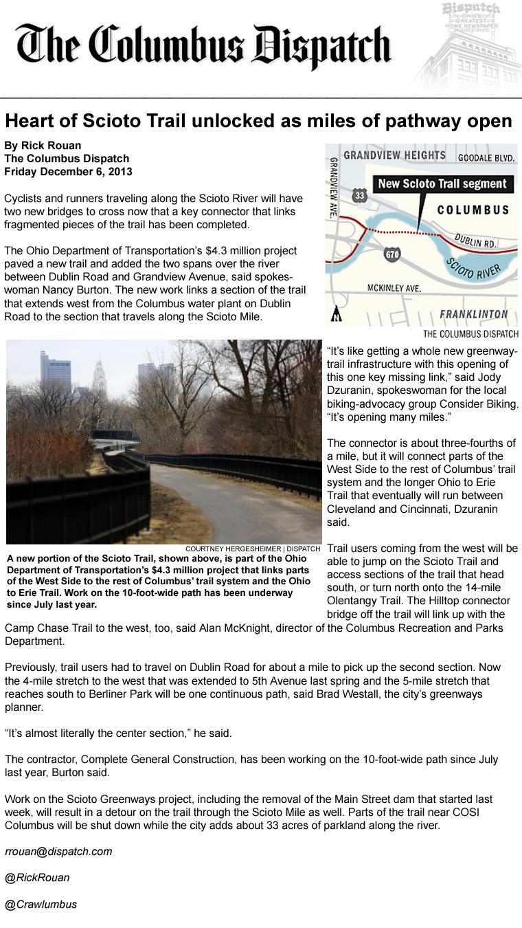 12-06-13 - Columbus Dispatch article: Heart of Scioto Trail unlocked as miles of pathway open
