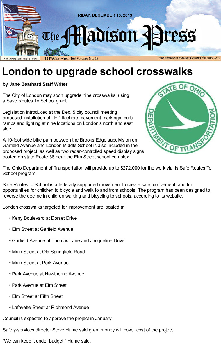 12-13-13 - Madison Press article:  London to upgrade school crosswalks