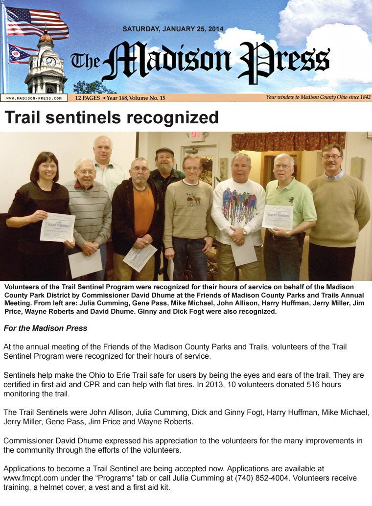 01-25-14 - Madison Press article:  Trail sentinels recognized