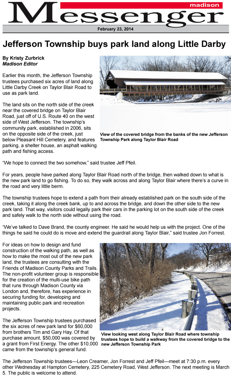 02/23/14 - Madison Messenger article:  Jefferson Township buys park land along Darby