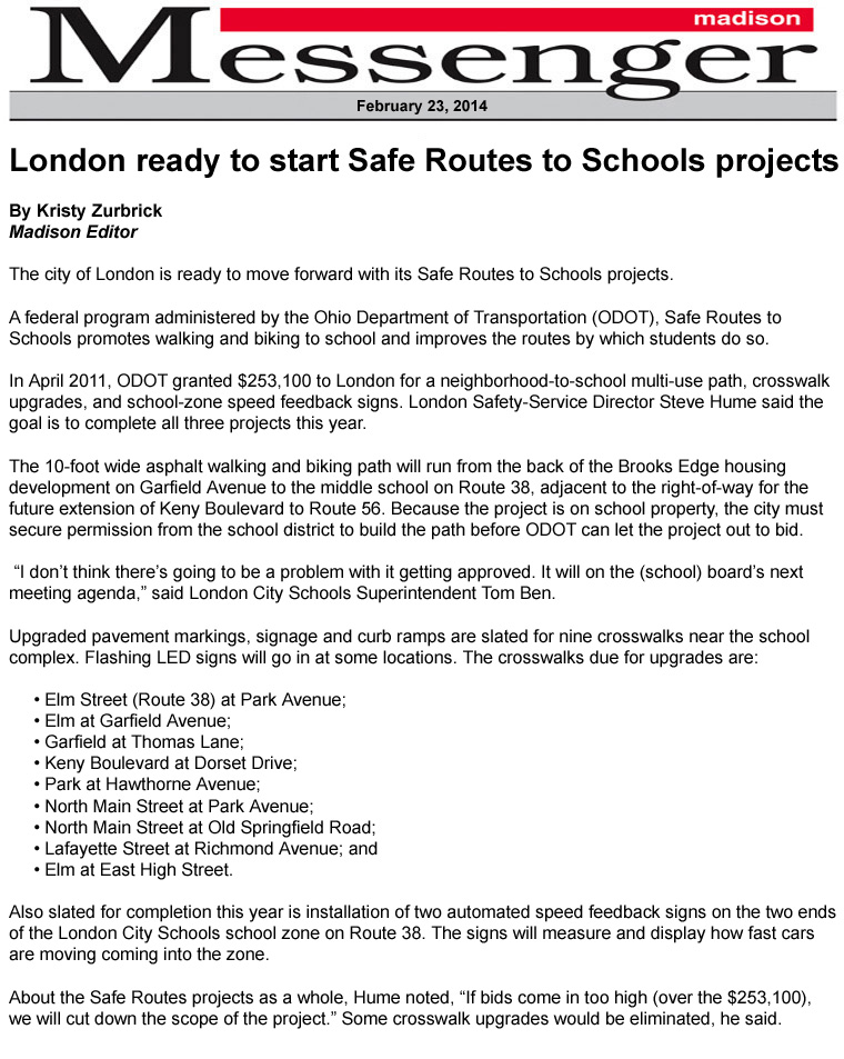 02/23/14 - Madison Messenger article:  City ready to start Safe Routes to Schools projects