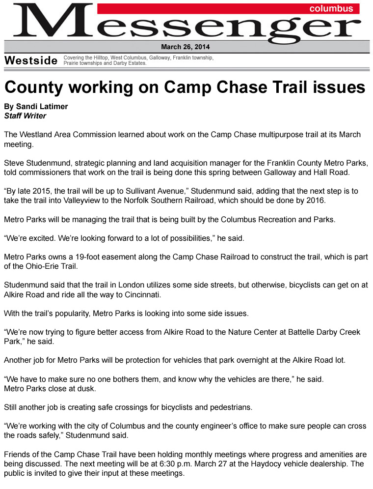 03-26-14 - Westside Messenger article: County working on Camp Chase Trail issues