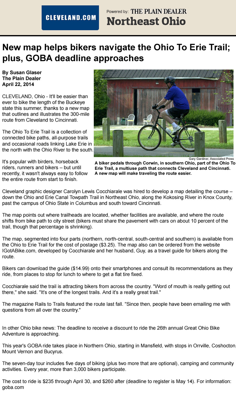 04-22-14 - Cleveland Plain Dealer article: New map helps bikers navigate the Ohio To Erie Trail