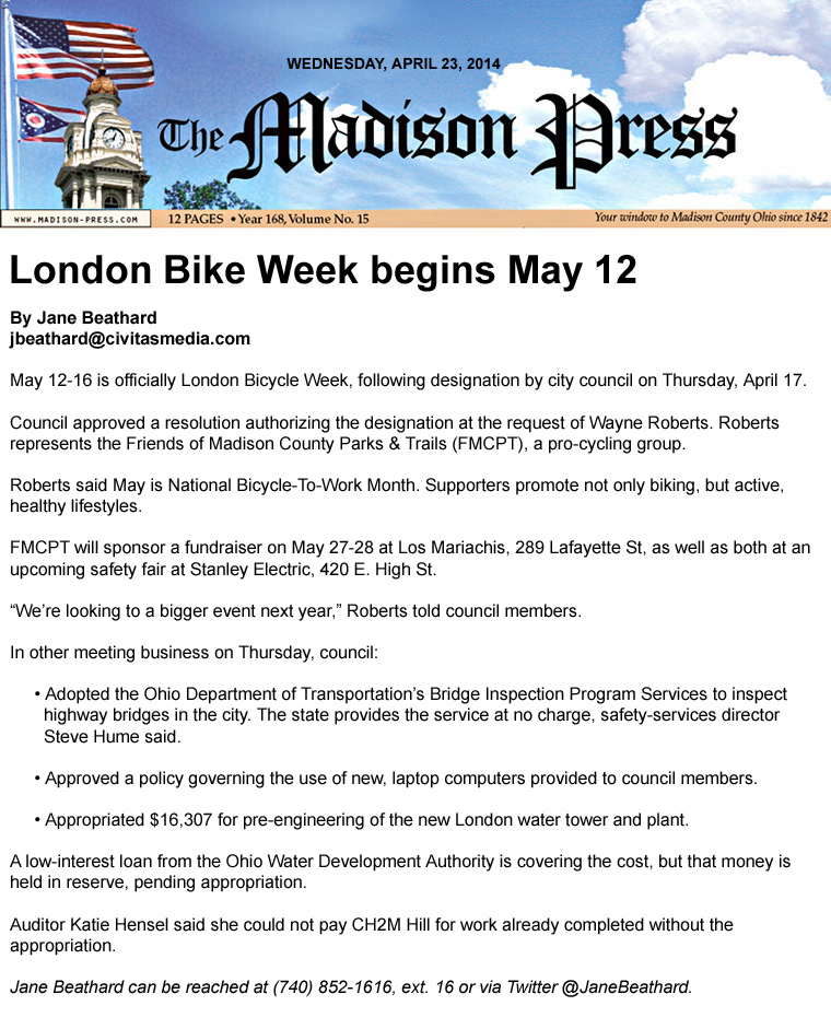 04-23-14 - Madison Press article: London Bike Week begins May 12