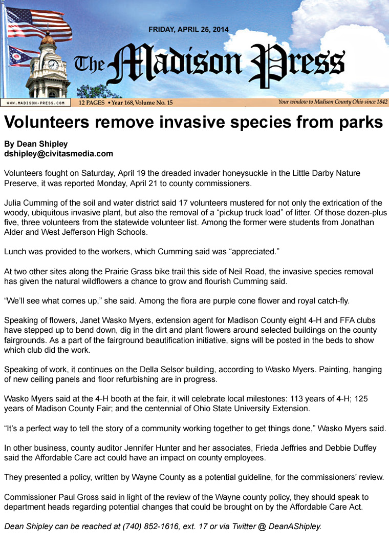 04-25-14 - Madison Press article: Volunteers remove invasive species from parks