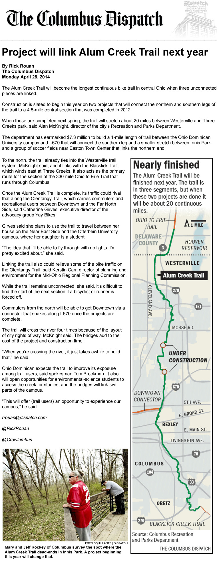 04-28-14 - Columbus Dispatch article: Project will link Alum Creek Trail next year