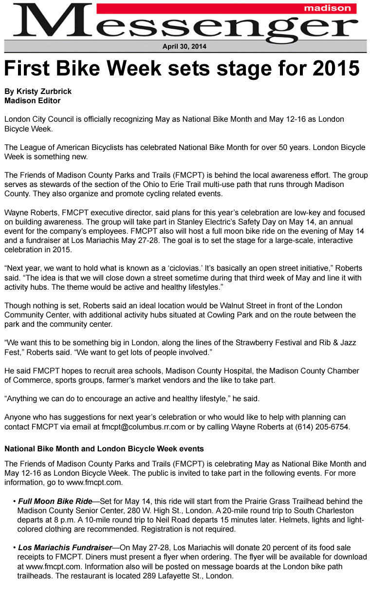 04-30-14 - Madison Messenger article:  First Bike Week sets stage for 2015