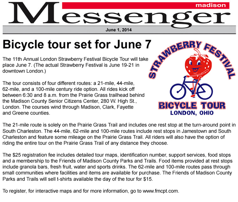 06-01-14 - Madison Messenger article:  Bicycle tour set for June 7