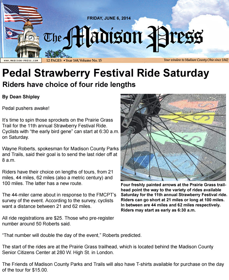 06-06-14 - Madison Press article: Pedal Strawberry Festival Ride Saturday