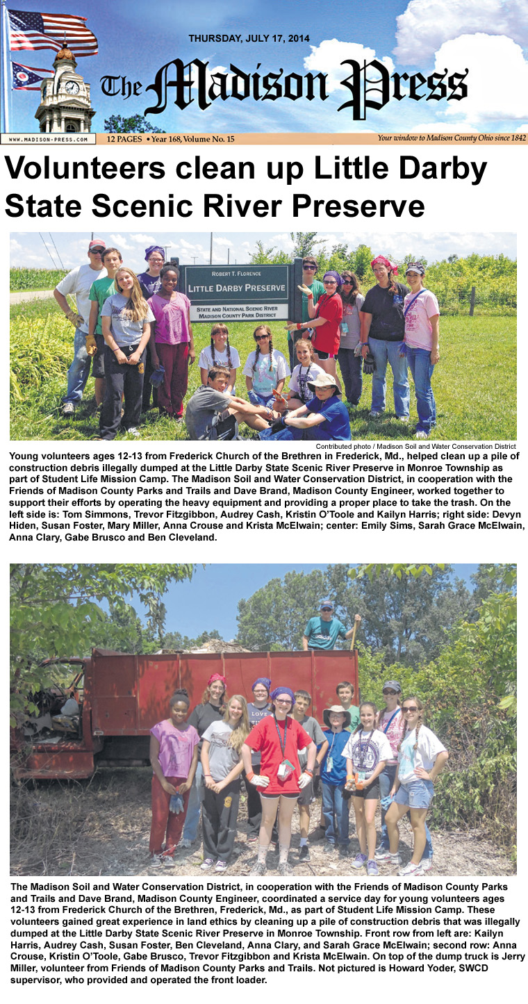 07-17-14 - Madison Press article: Volunteers clean up Little Darby State Scenic River Preserve