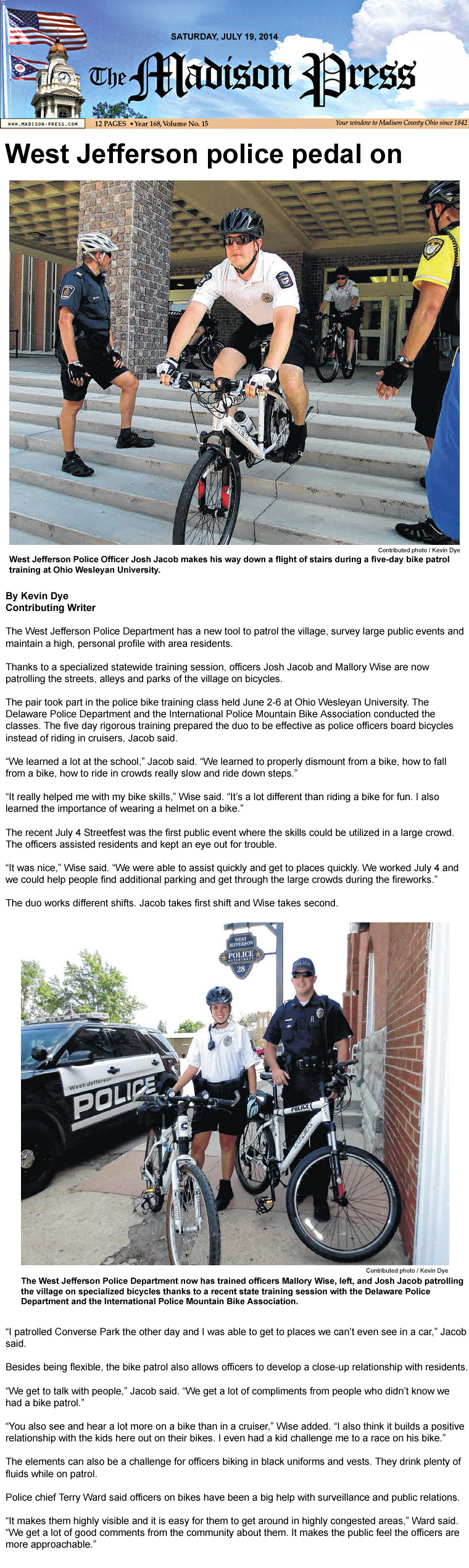 07-19-14 - Madison Press article: West Jefferson police pedal on