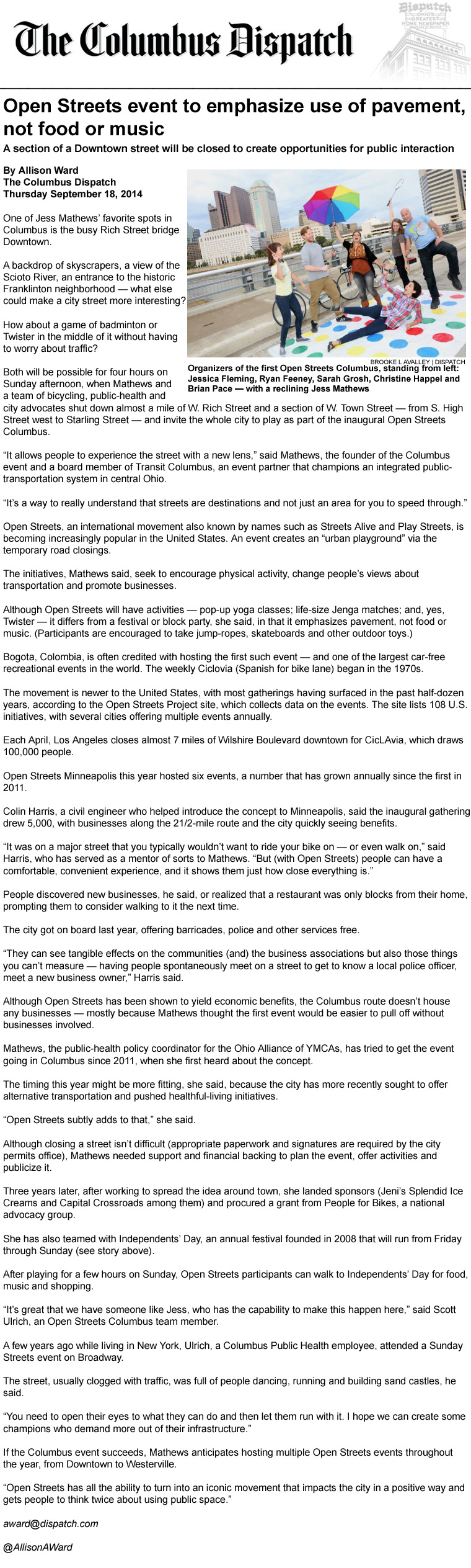 09-18-14 - Columbus Dispatch article: Open Streets event to emphasize use of pavement, not food or music