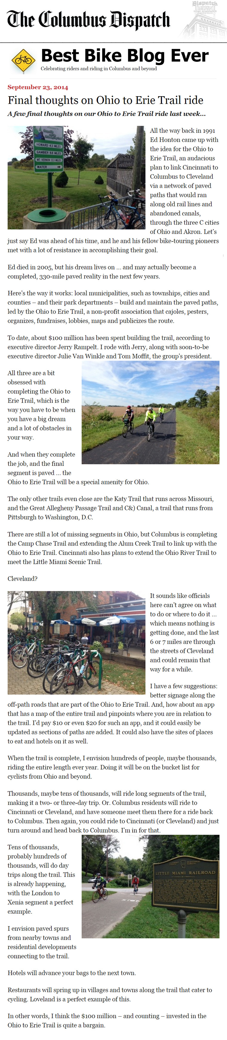 09-23-14 - Columbus Dispatch article: Final thoughts on Ohio to Erie Trail ride