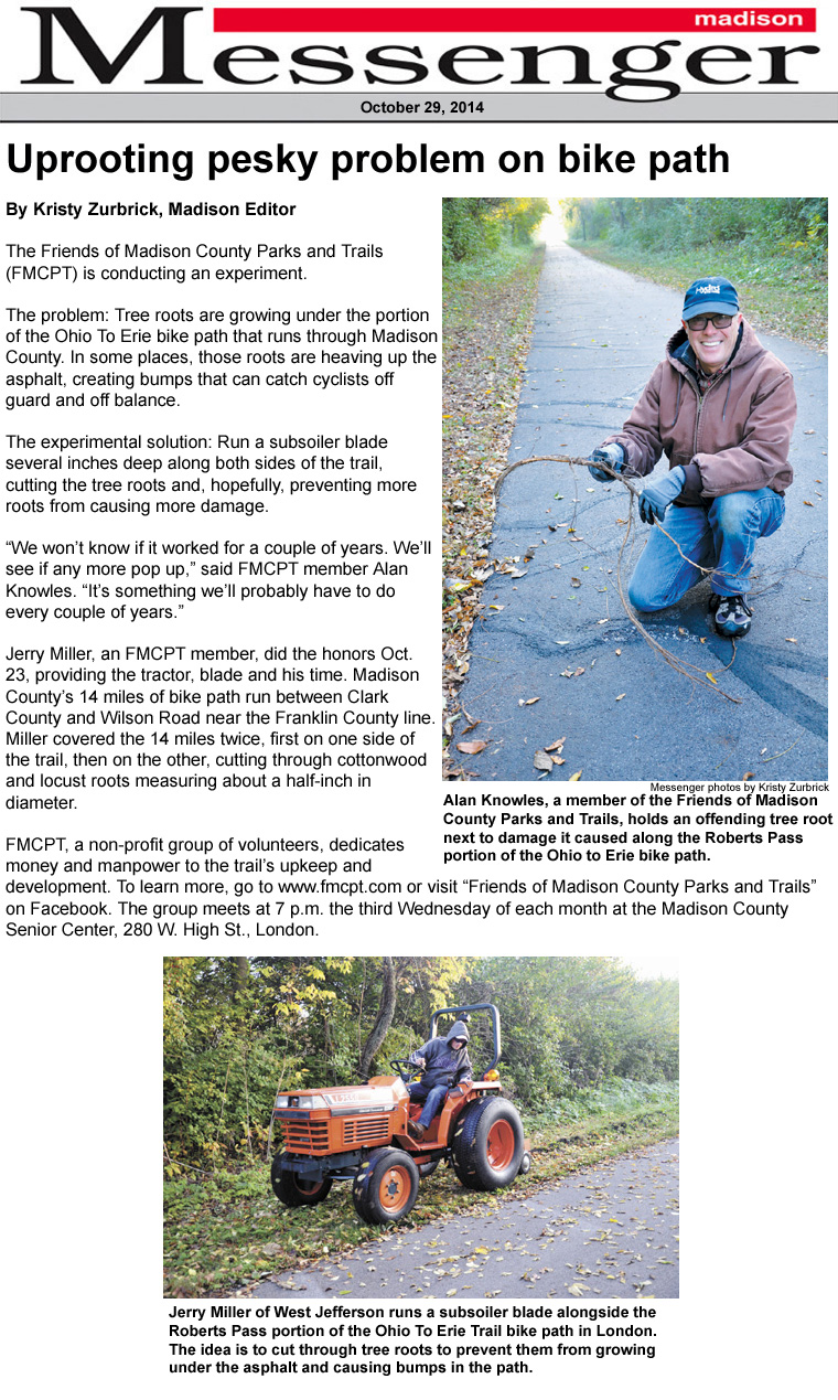 10-29-14 - Madison Messenger article:  Uprooting pesky problem on bike path