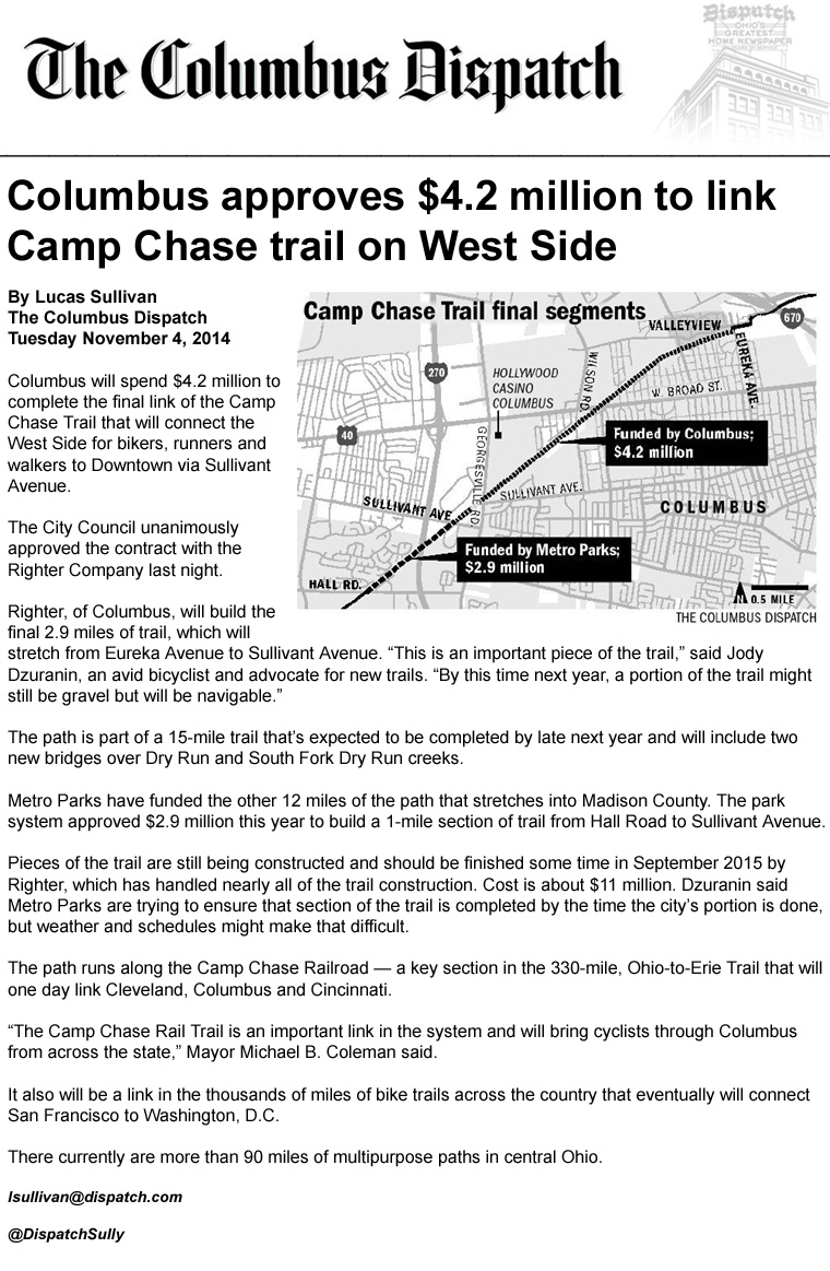 11-04-14 - Columbus Dispatch article: Columbus approves $4.2 million to link Camp Chase trail on West Side