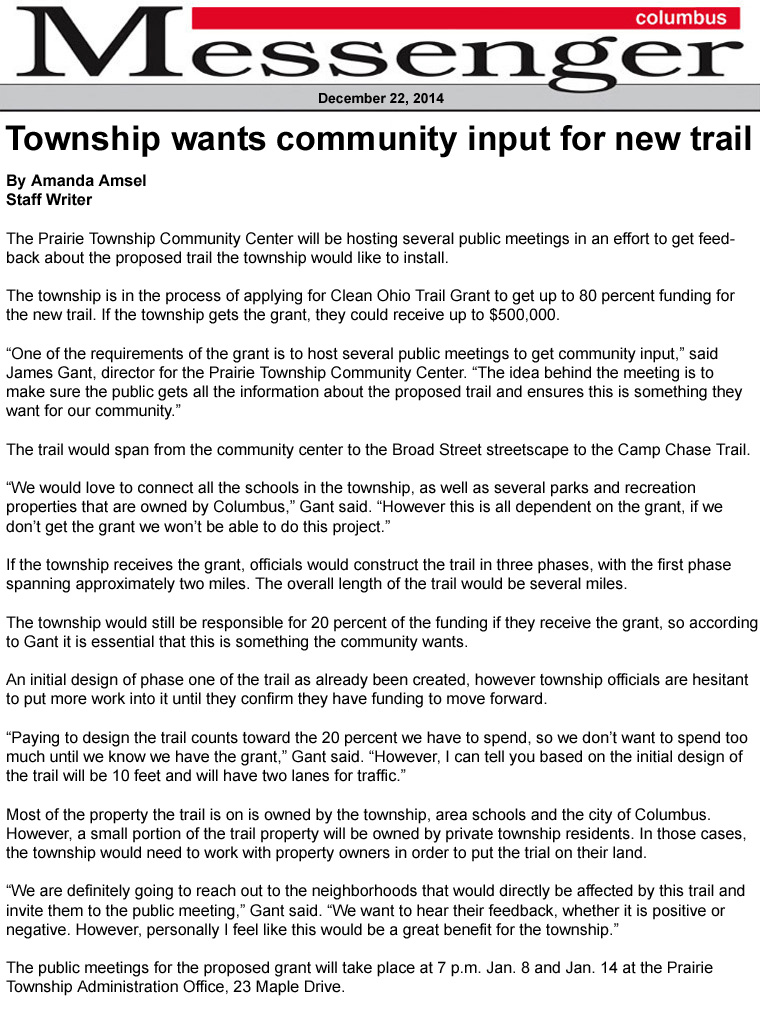 12-22-14 - Westside Messenger article: Township wants community input for new trail