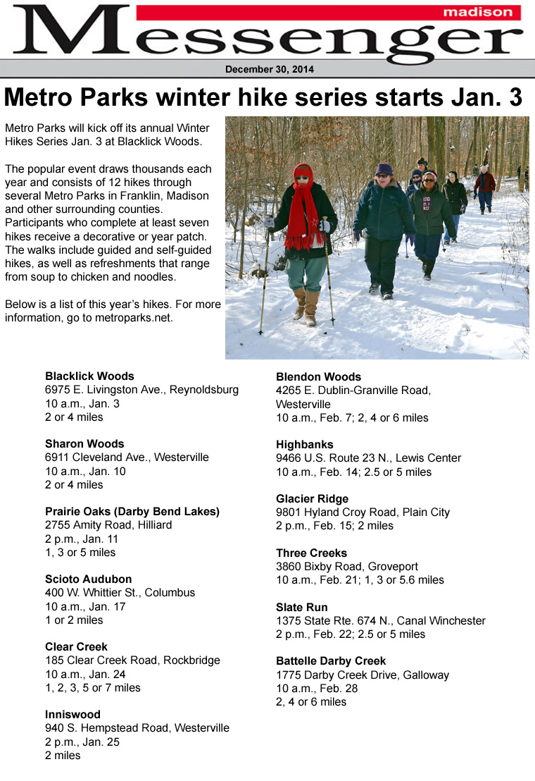 12-30-14 - Madison Messenger article:  Metro Parks winter hike series starts Jan. 3