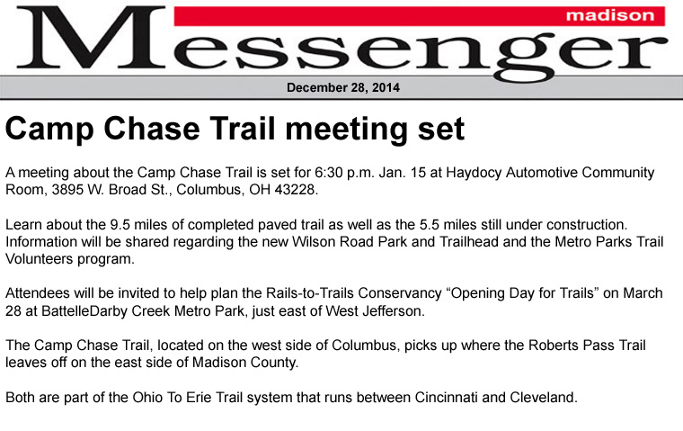 12-28-14 - Madison Messenger article:  Camp Chase Trail meeting set