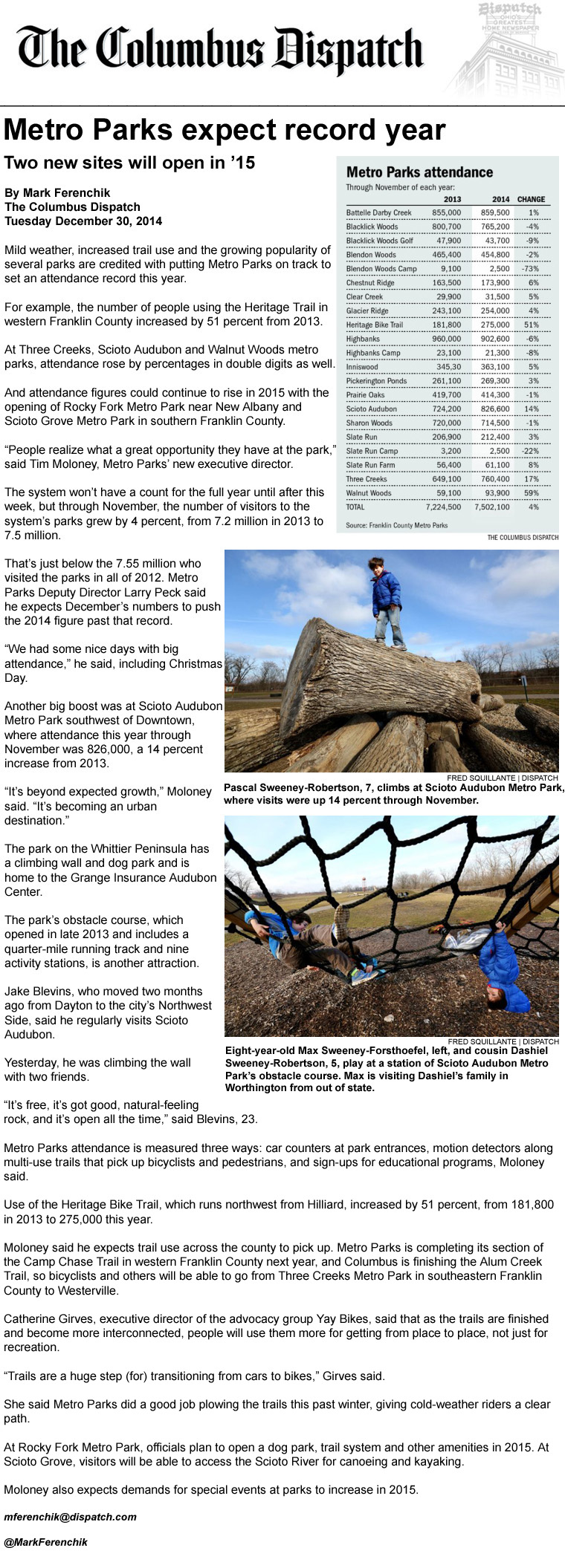 12-30-14 - Columbus Dispatch article: Metro Parks expect record year