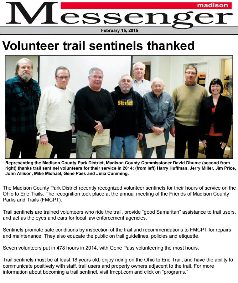 02-15-15 - Madison Messenger article:  Volunteer trail sentinels thanked