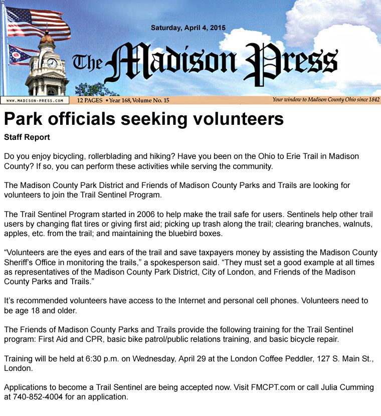 04-04-15 - Madison Press article:  Park officials seeking volunteers