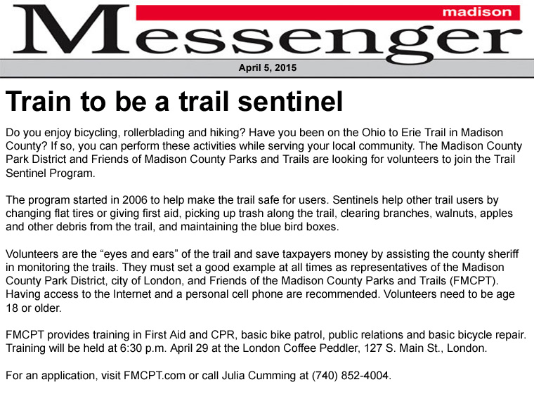 04-05-15 - Madison Messenger article:  Train to be a trail sentinel