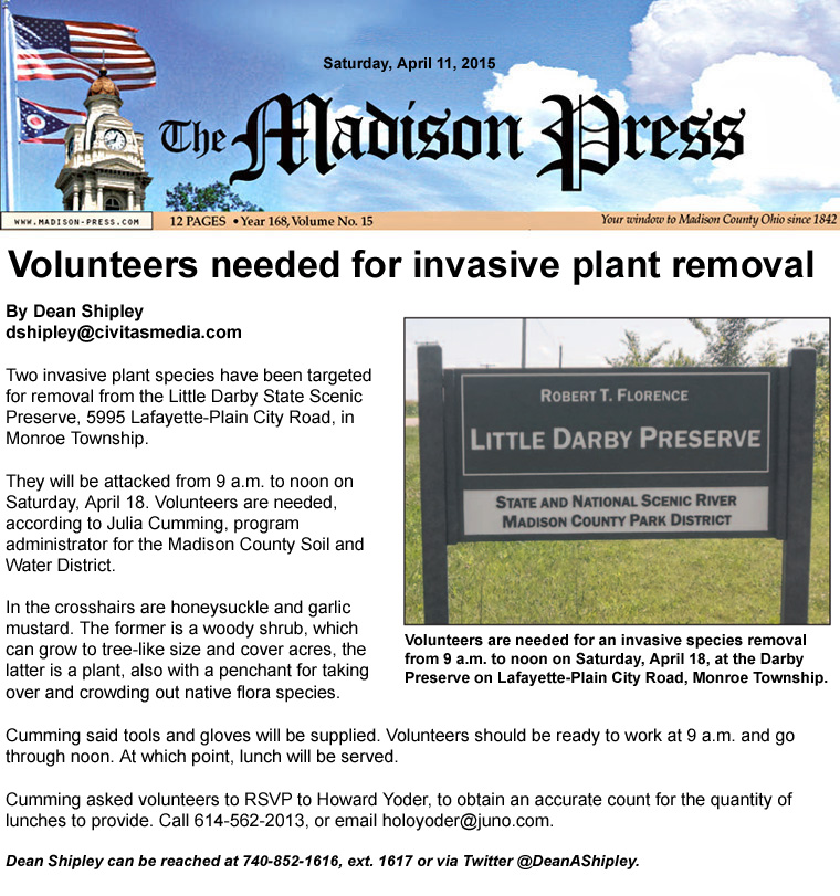 04-11-15 - Madison Press article:  Volunteers needed for invasive plant removal