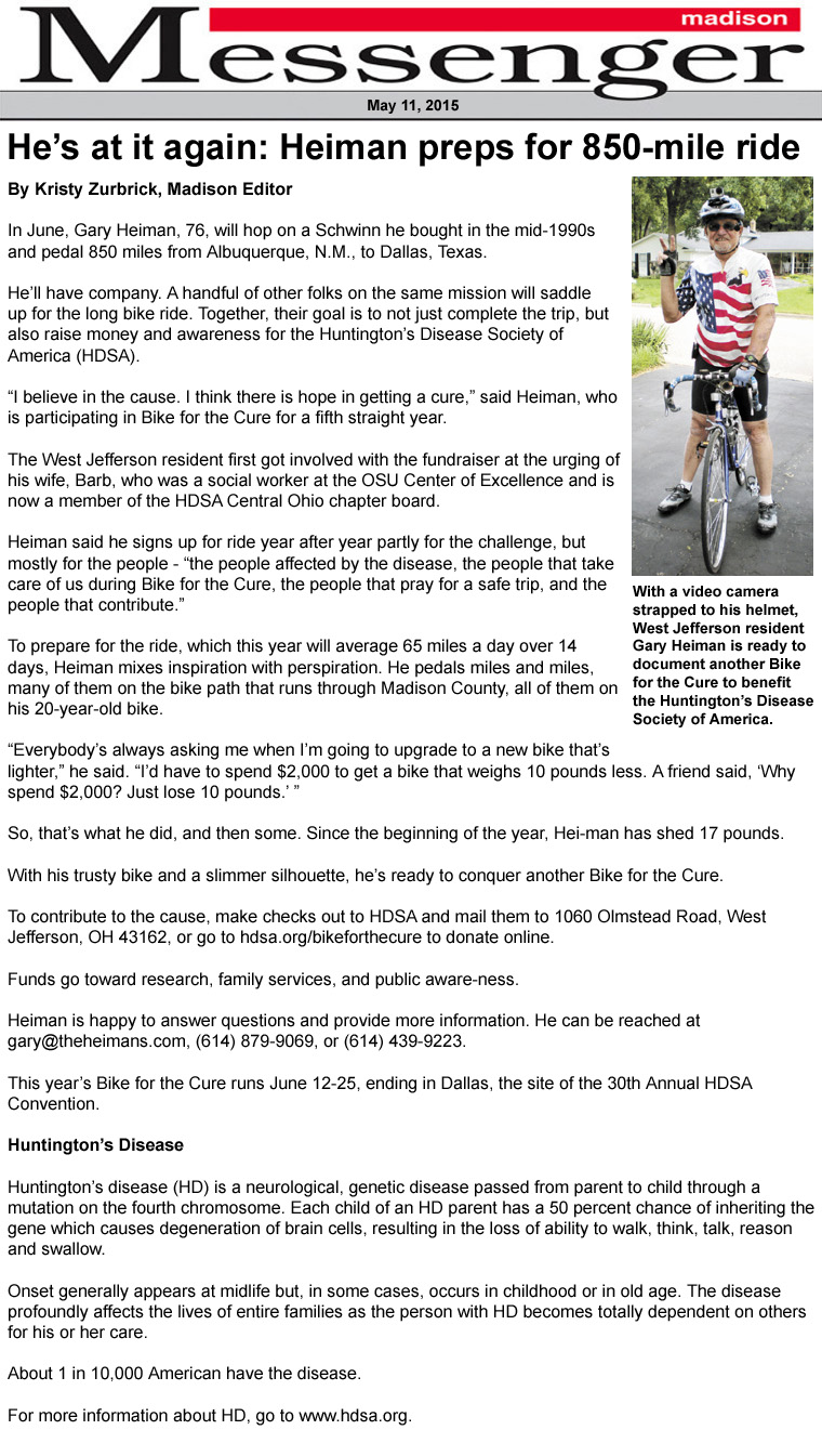 05-11-15 - Madison Messenger article:  He's at it again: Heiman preps for 850-mile ride