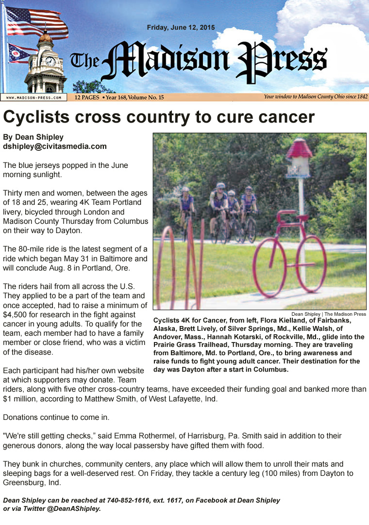 06-12-15 - Madison Press article:  Cyclists cross country to cure cancer