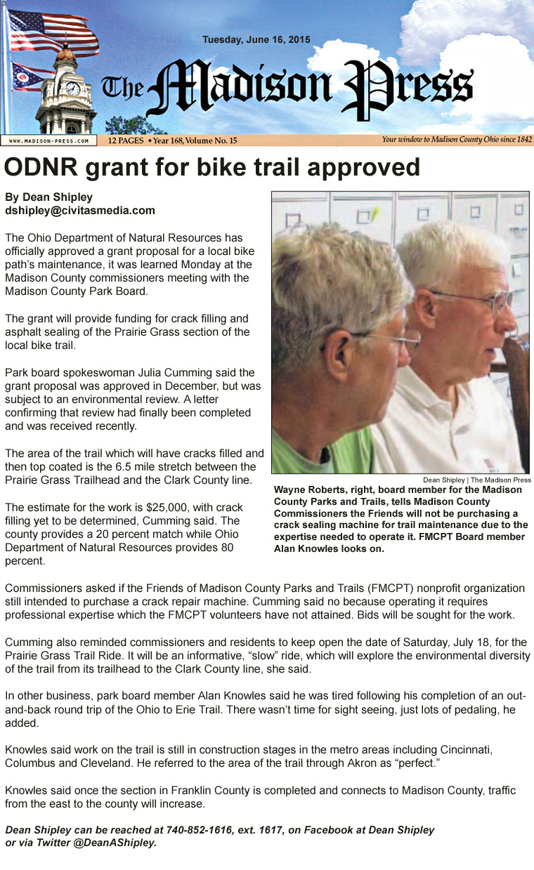 06-16-15 - Madison Press article:  ODNR grant for bike trail approved