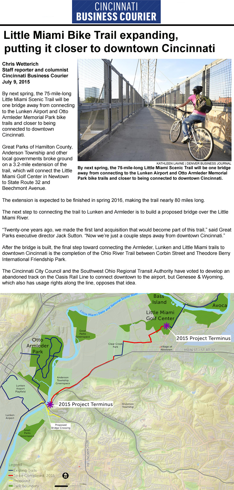 07-09-15 - Cincinnati Business Courier article: Little Miami Bike Trail expanding, putting it closer to downtown Cincinnati