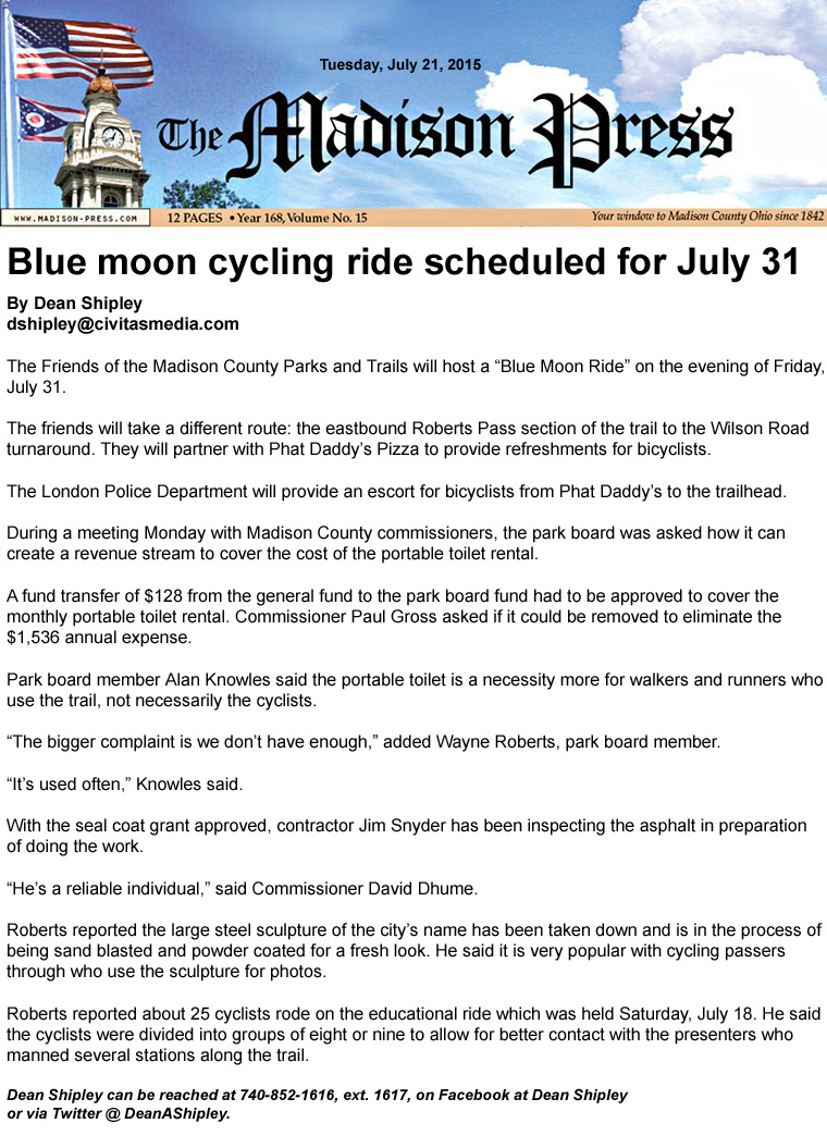 07-17-21 - Madison Press article:  Blue moon cycling ride scheduled for July 31