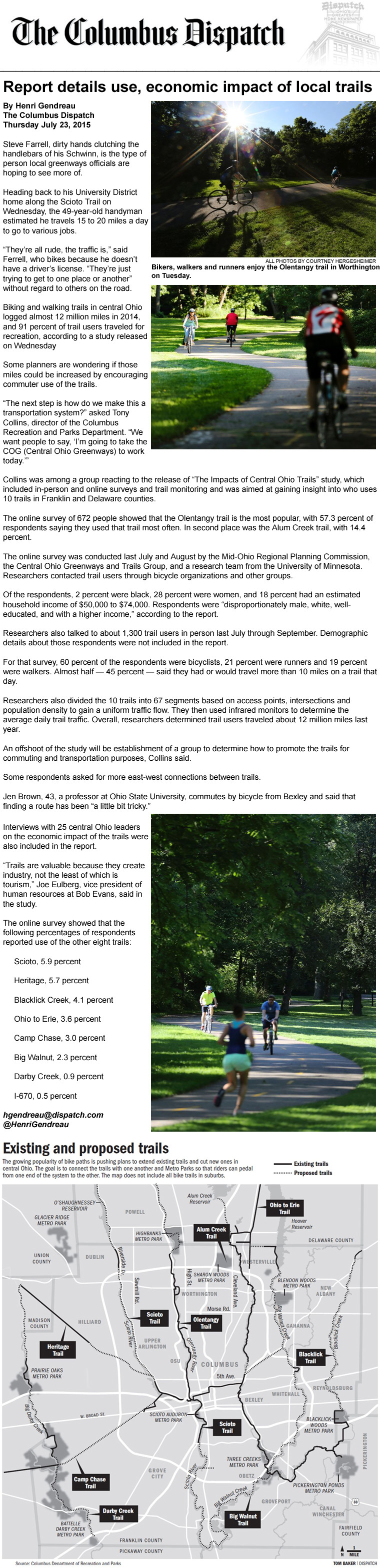 07-23-15 - Columbus Dispatch article: Report details use, economic impact of local trails