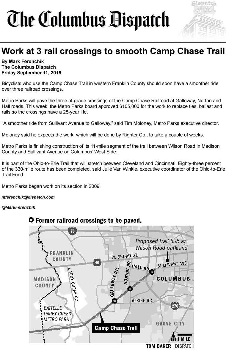 09-11-15 - Columbus Dispatch article: Work at 3 rail crossings to smooth Camp Chase Trail