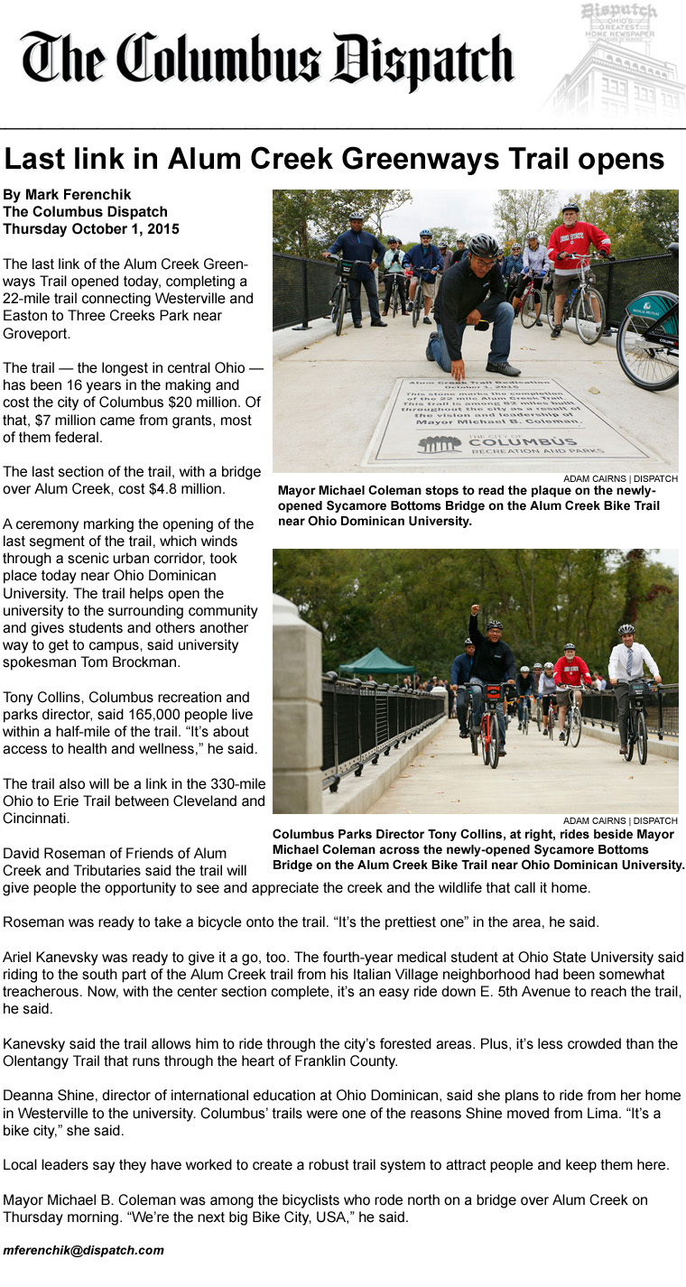 10-01-15 - Columbus Dispatch article: Last link in Alum Creek Greenways Trail opens