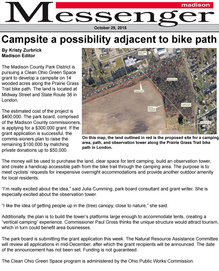 10-29-15 - Madison Messenger article:  Campsite a possibility adjacent to bike path