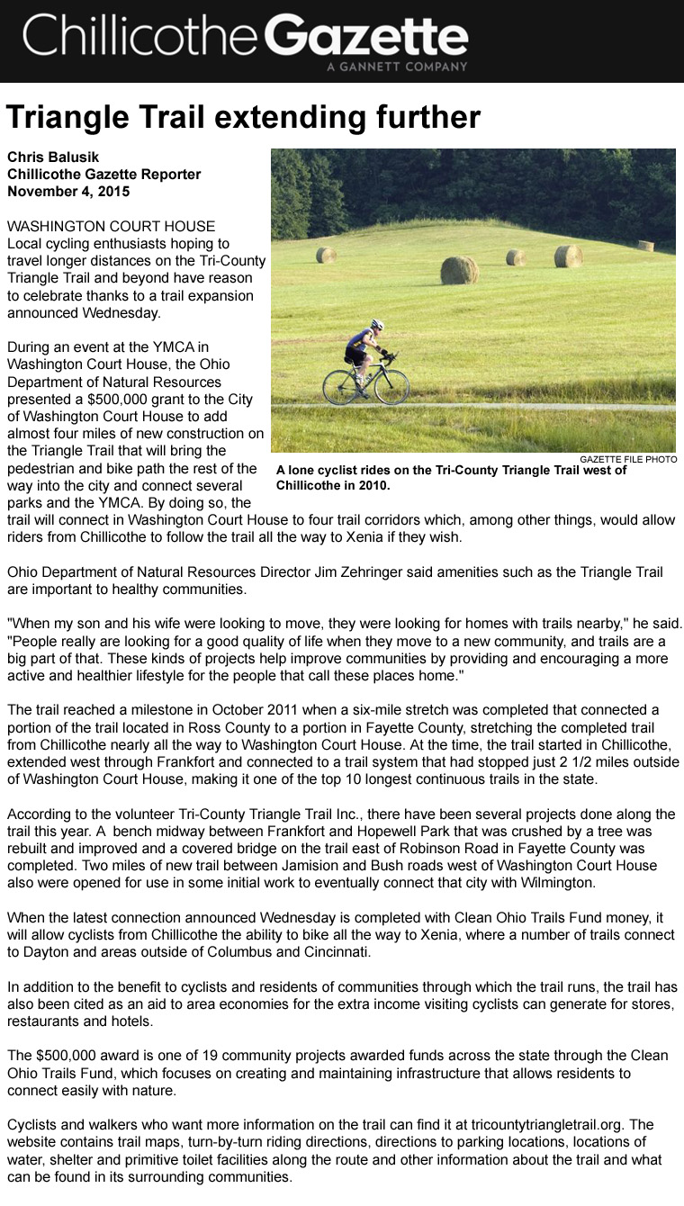 11-04-15 - Chillicothe Gazette article: Triangle Trail extending further