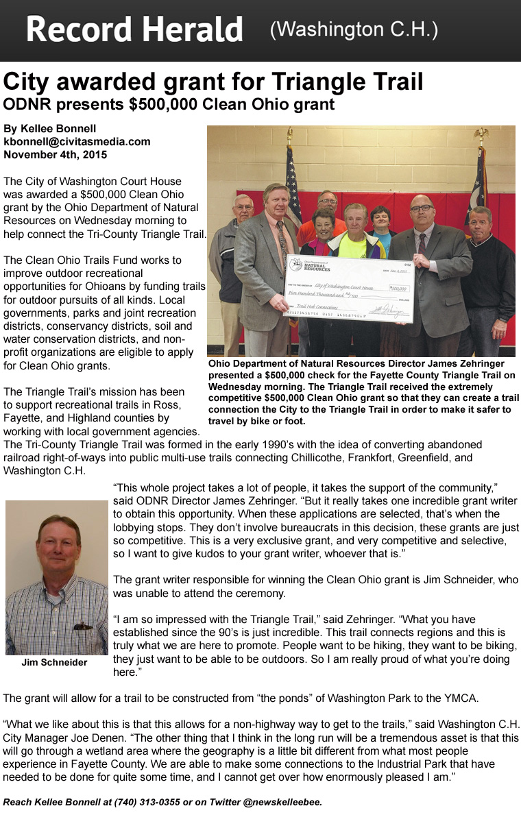 11-04-15 - Record Herald article: City awarded grant for Triangle Trail