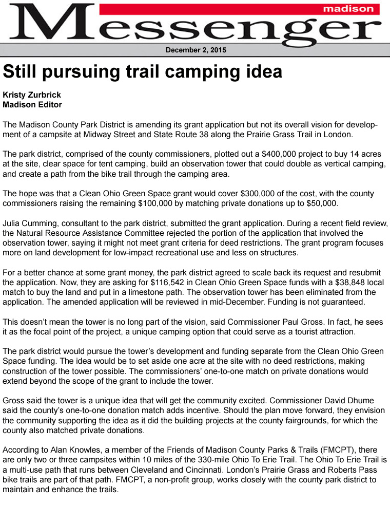 12-02-15 - Madison Messenger article:  Still pursuing trail camping idea