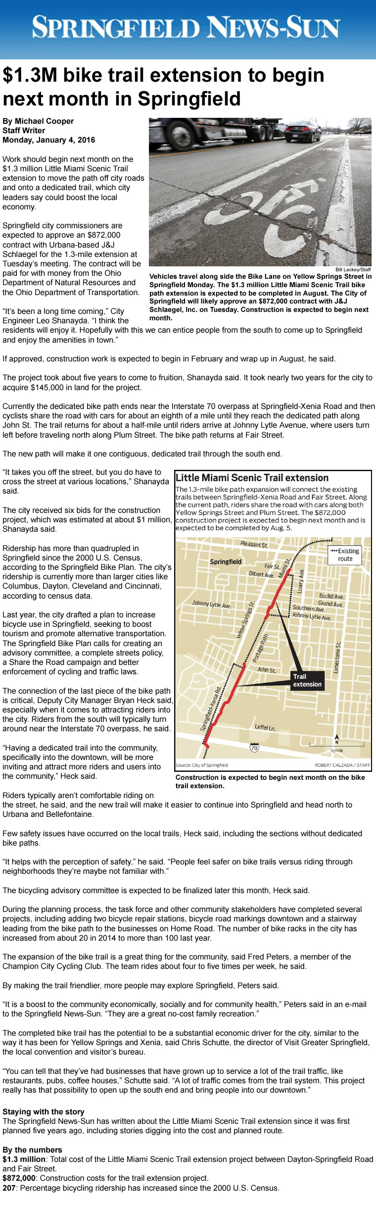 01-04-16 - Springfield News-Sun article:  $1.3M bike trail extension to begin next month in Springfield