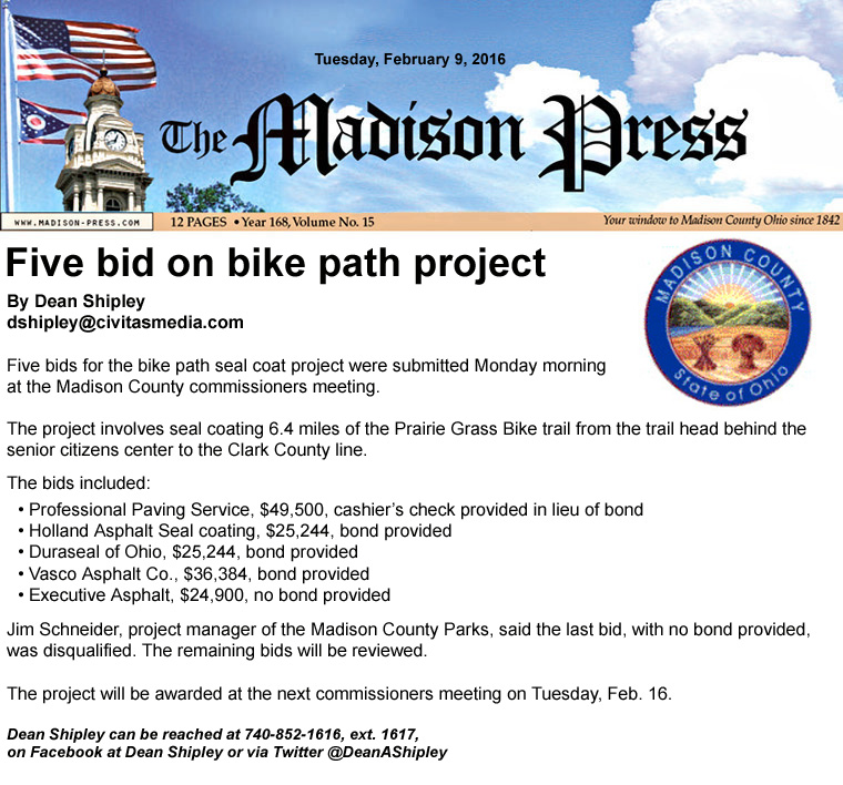 01-28-16 - Madison Press article:  Five bid on bike path project