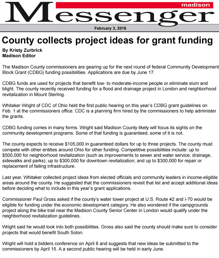 02-03-16 - Madison Messenger article:  County collects project ideas for grant funding